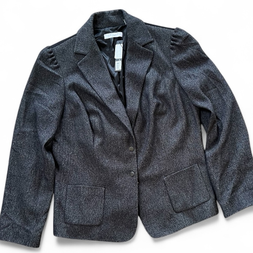 Tahari Denizard Slate Gray/Black Jacket Sz 14 Ruched Back Tweed-like Texture NWT